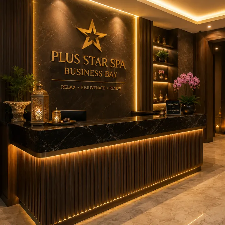 Reception of Plus Star Spa, a massage spa in Business Bay Dubai